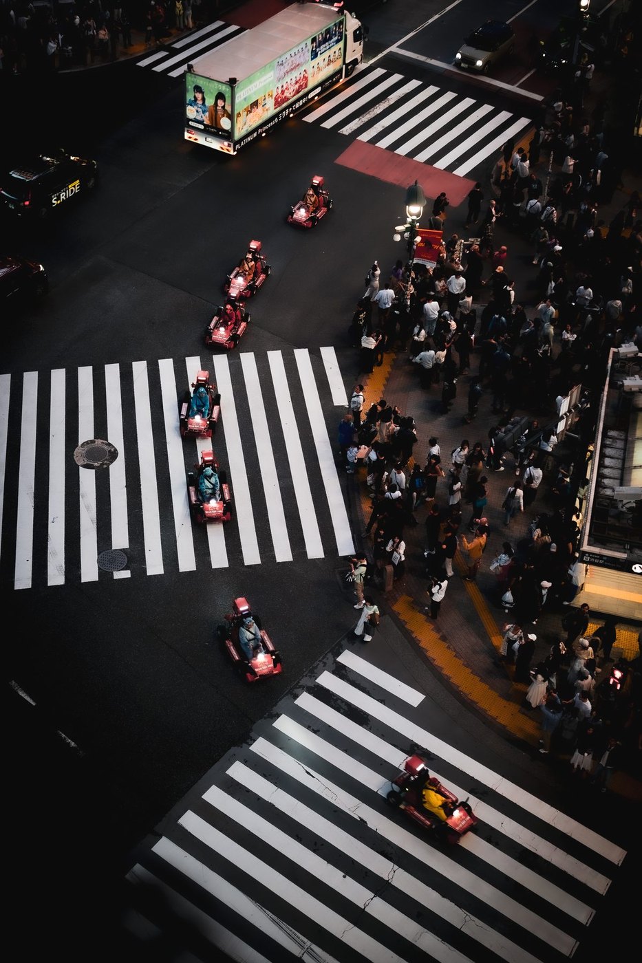 Red Karts, Tokyo, 2025, Shibuya Crossing, from above